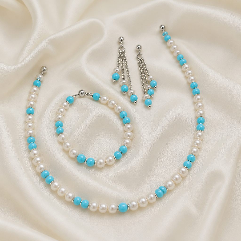 Set collana, bracciale e orecchini Brezza d'estate, bianco perla, azzurro, argento, foto 2 di 5