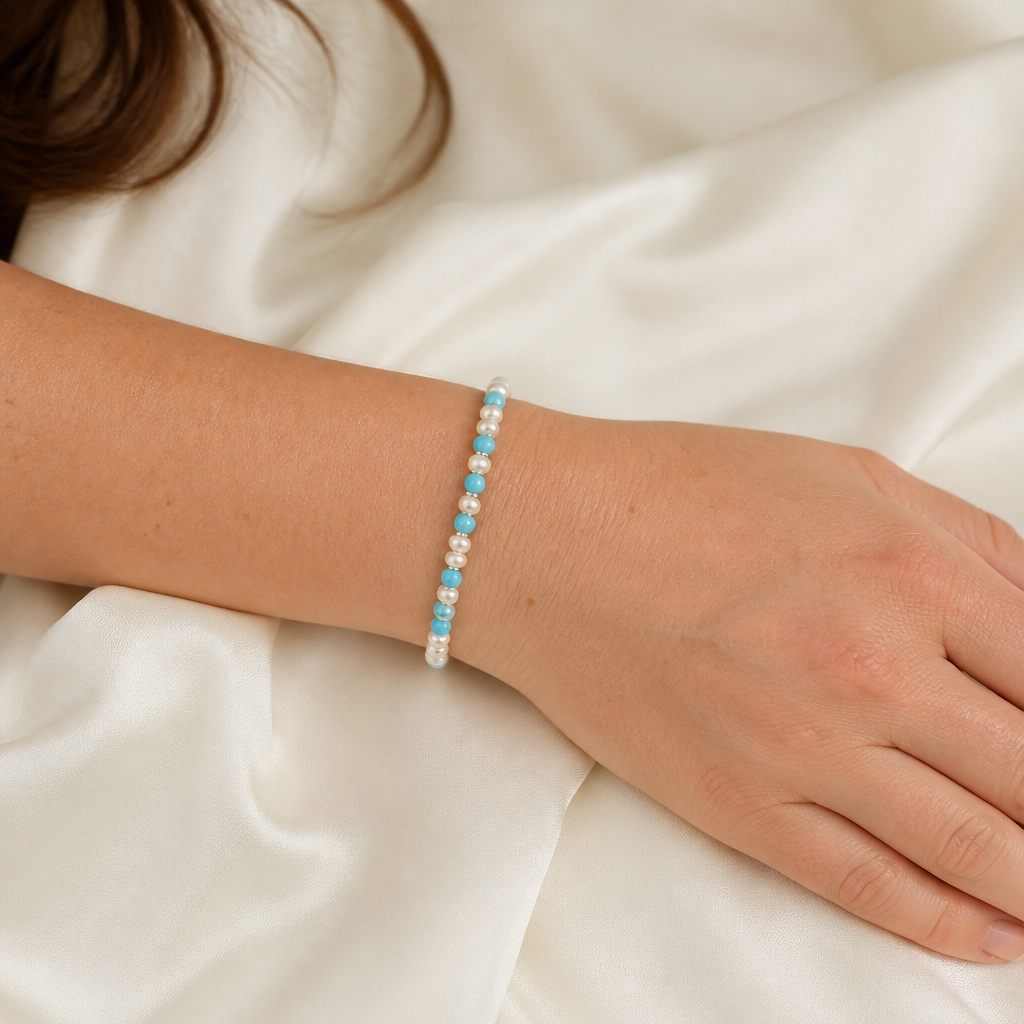 Set collana, bracciale e orecchini Brezza d'estate, bianco perla, azzurro, argento, foto 5 di 5