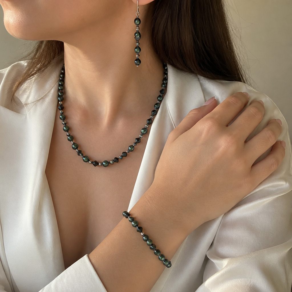 Set collana, bracciale e orecchini Petrolio, verde petrolio, nero, argento, foto 1 di 5