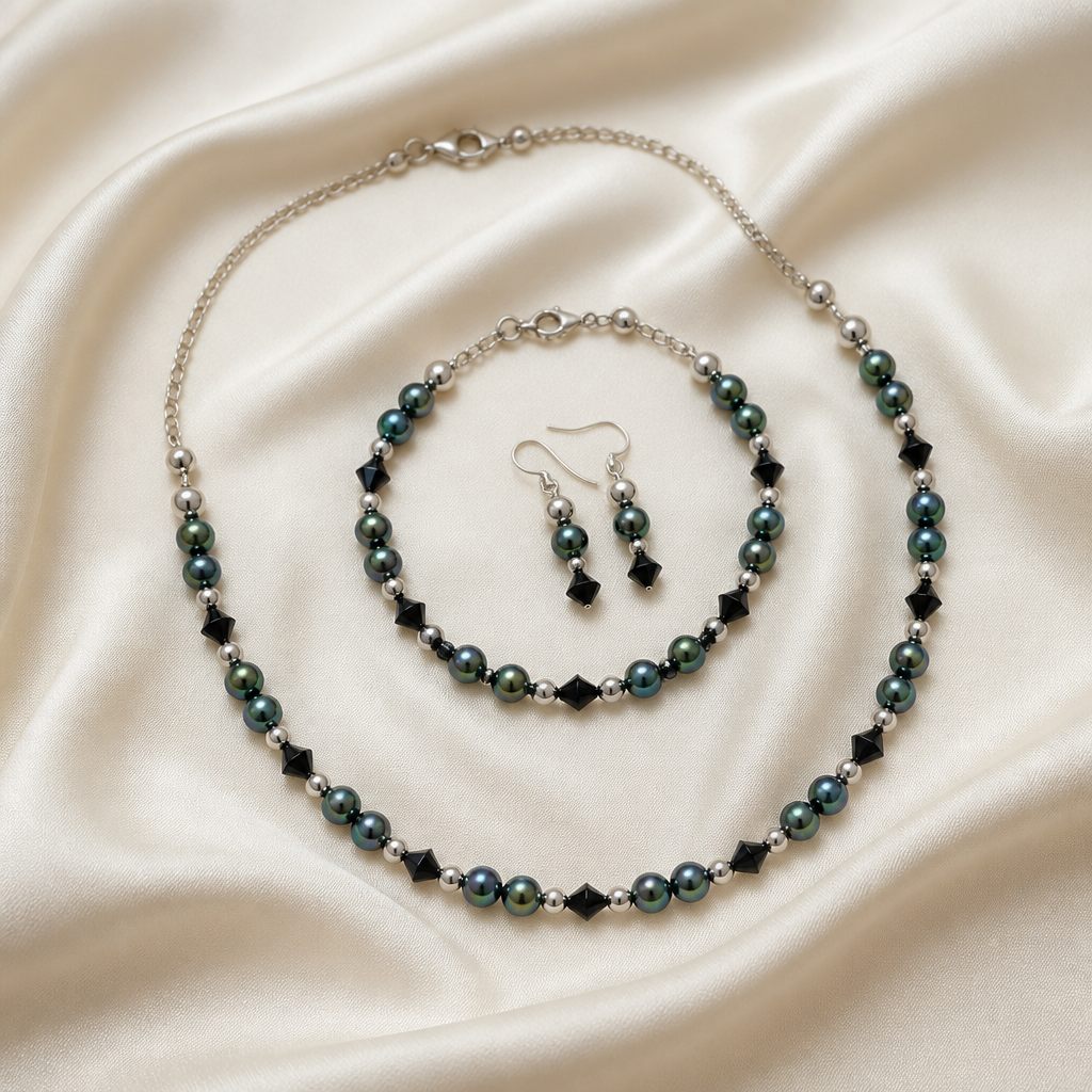 Set collana, bracciale e orecchini Petrolio, verde petrolio, nero, argento, foto 2 di 5