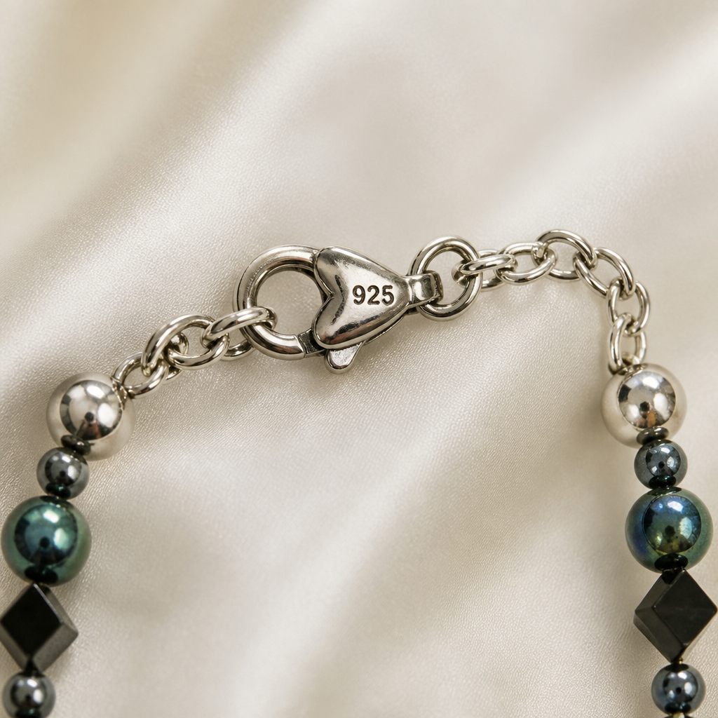 Set collana, bracciale e orecchini Petrolio, verde petrolio, nero, argento, foto 4 di 5