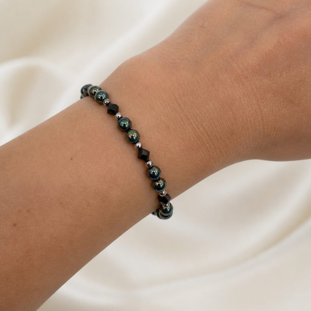 Set collana, bracciale e orecchini Petrolio, verde petrolio, nero, argento, foto 5 di 5