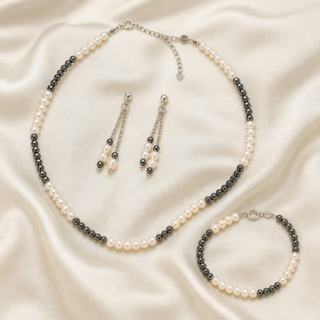 Set collana, bracciale e orecchini Bianco e grafite, bianco, grigio scuro, argento, foto 2 di 5