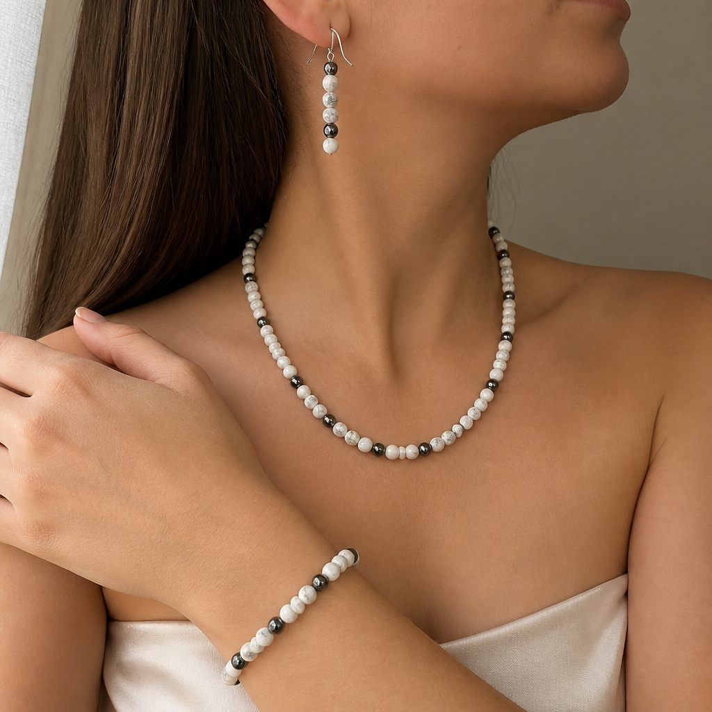 Set collana, bracciale e orecchini Marmo grigio, bianco, grigio antracite, argento, foto 1 di 5