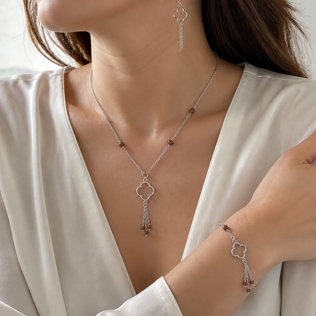 Set collana e orecchini Catena e cacao, argento, marrone, foto 1 di 5
