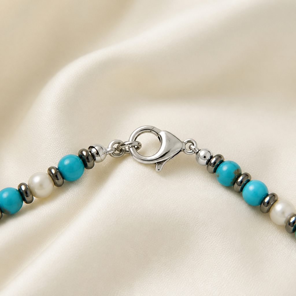 Set collana, bracciale e orecchini Mare di turchese, turchese, bianco, argento, oro, foto 4 di 5