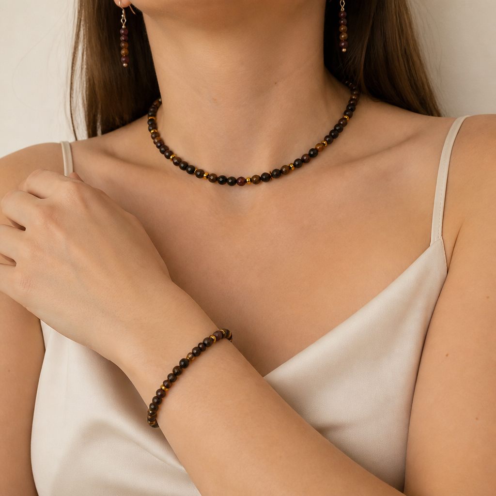 Set collana, bracciale e orecchini Tabacco, marrone scuro, ambra, oro, argento, foto 1 di 5
