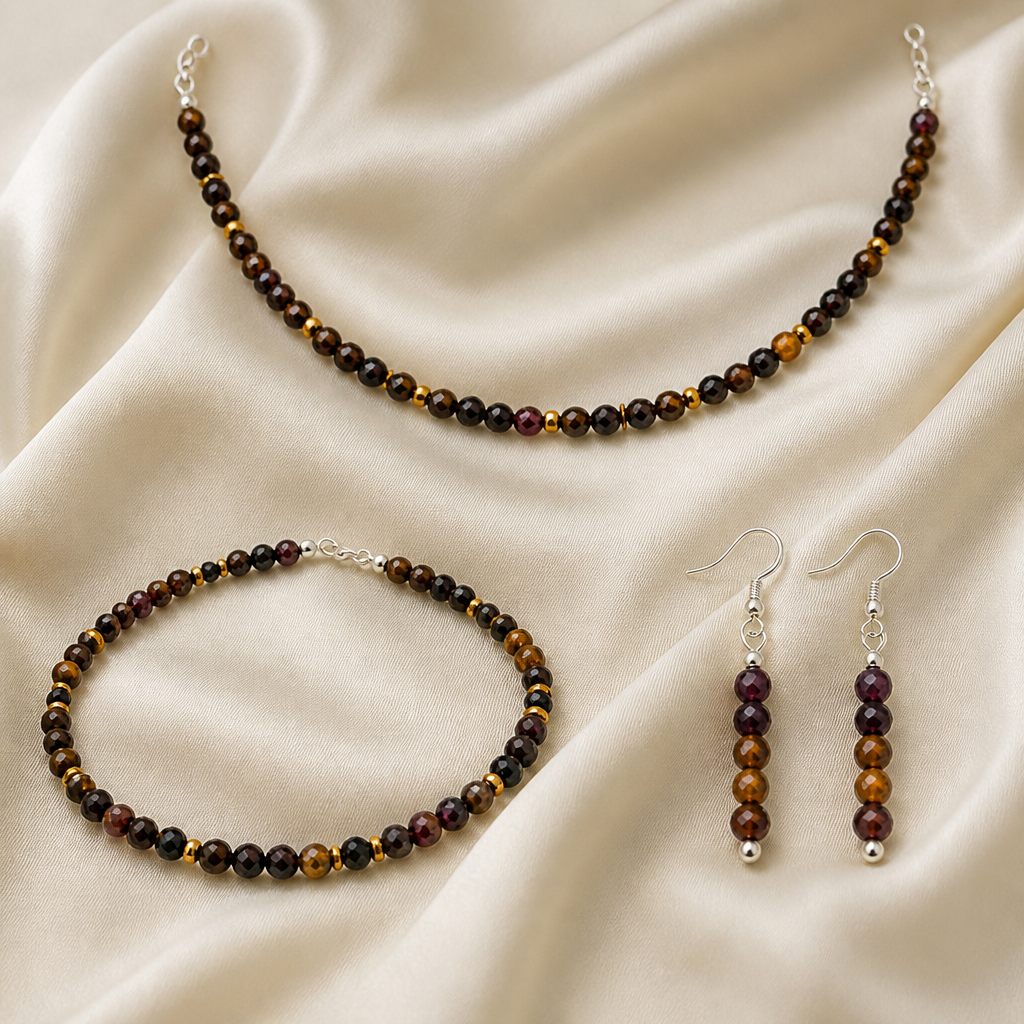 Set collana, bracciale e orecchini Tabacco, marrone scuro, ambra, oro, argento, foto 2 di 5