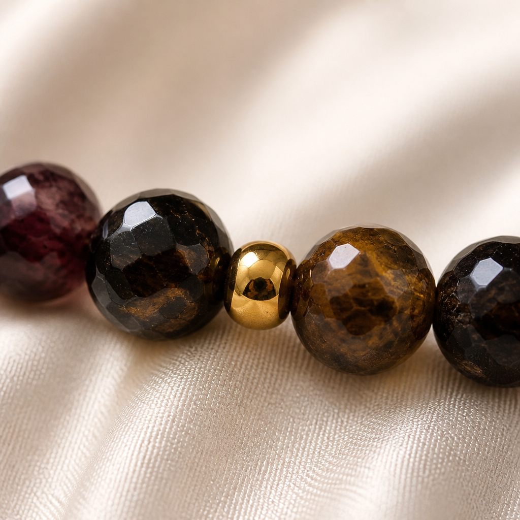 Set collana, bracciale e orecchini Tabacco, marrone scuro, ambra, oro, argento, foto 3 di 5