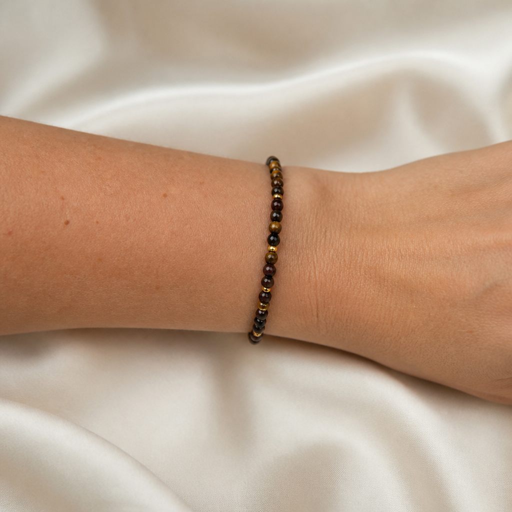 Set collana, bracciale e orecchini Tabacco, marrone scuro, ambra, oro, argento, foto 5 di 5
