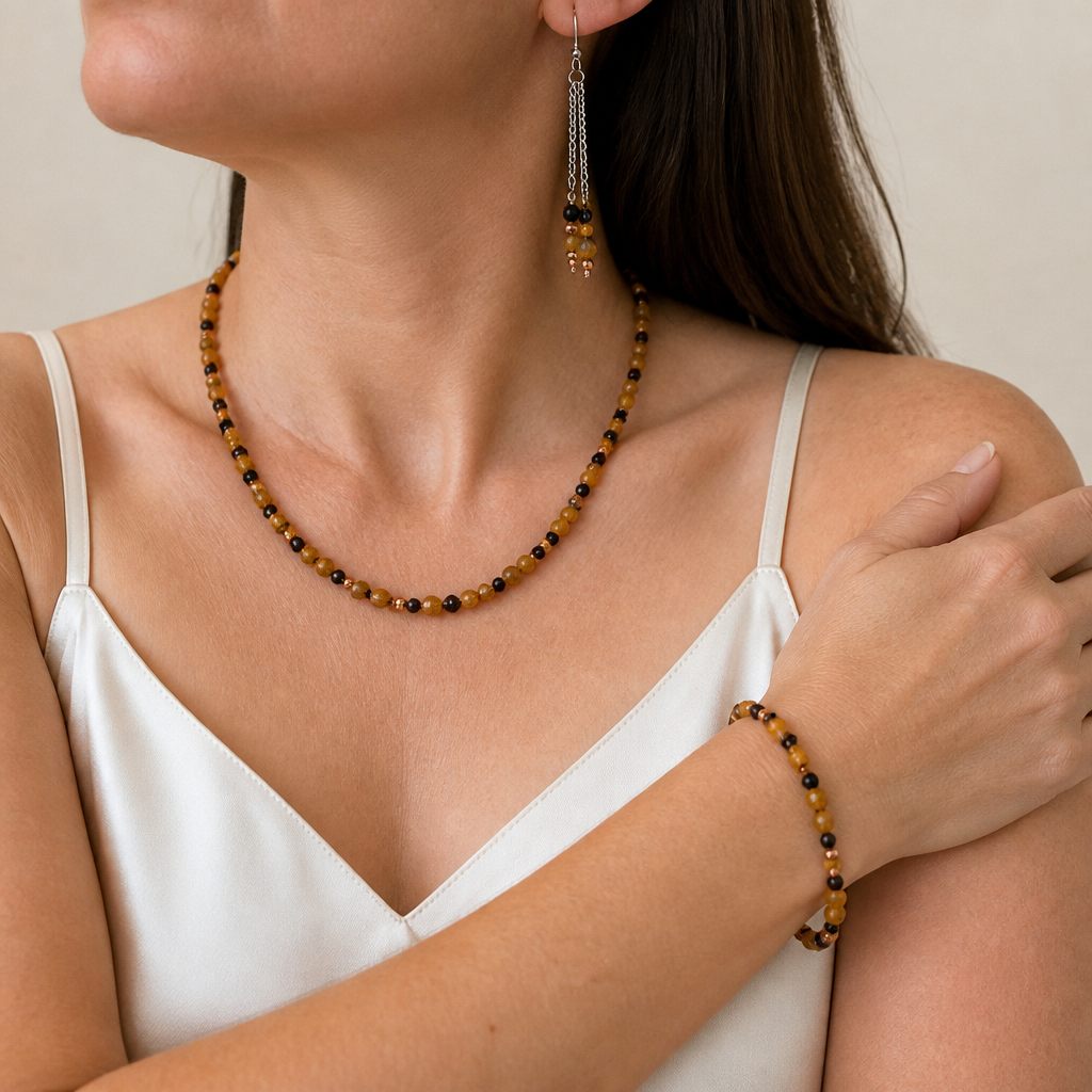 Set collana e orecchini Ambra e notte, giallo, nero, oro rosa, argento, foto 1 di 5