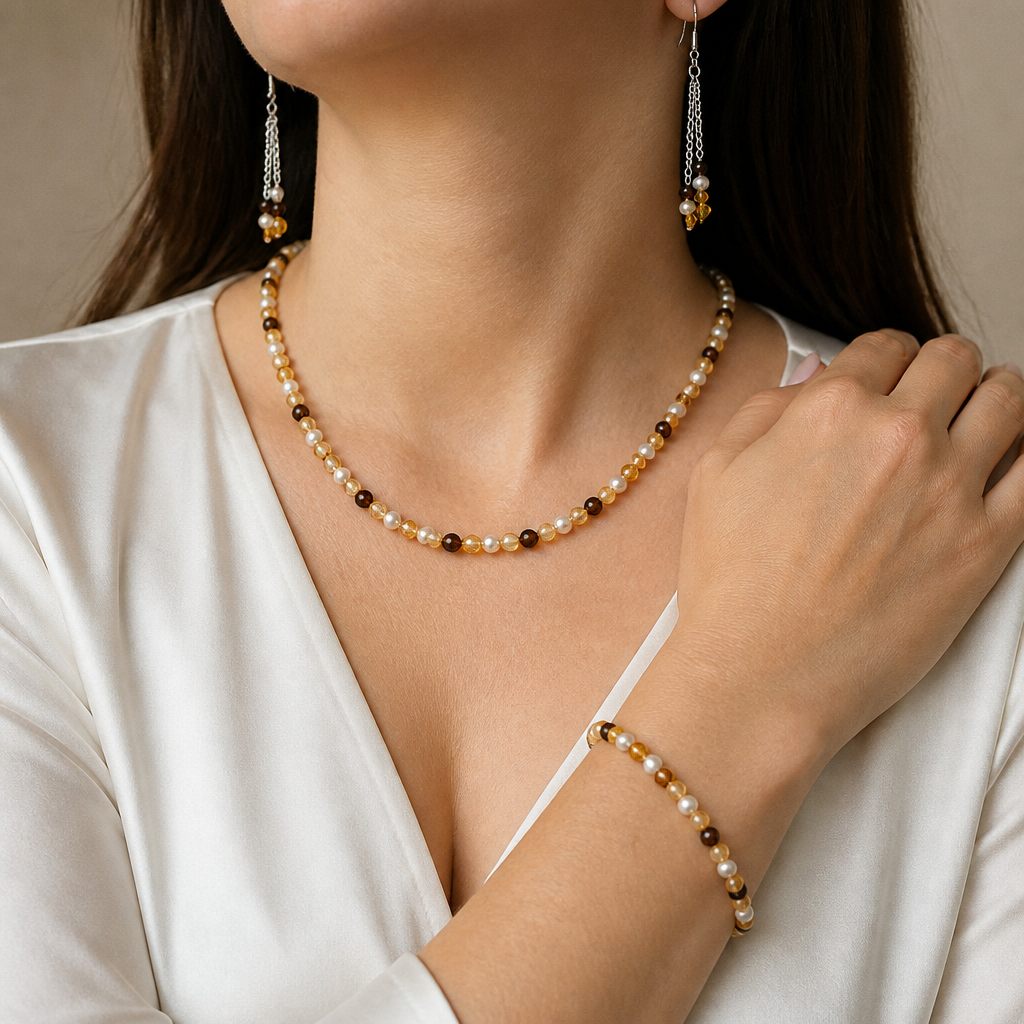 Set collana e orecchini Miele e perla, bianco, marrone, giallo ambra, argento, foto 1 di 5