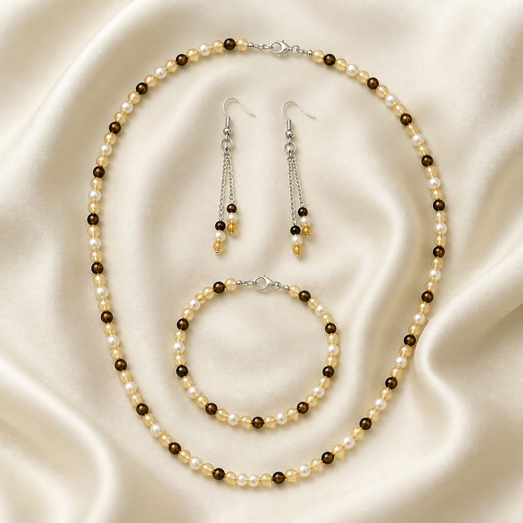 Set collana e orecchini Miele e perla, bianco, marrone, giallo ambra, argento, foto 2 di 5