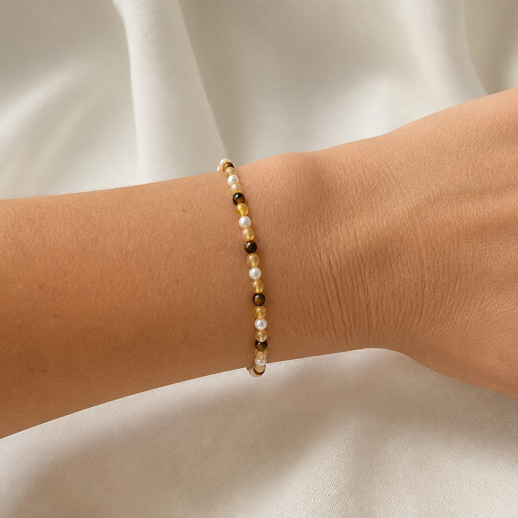 Set collana e orecchini Miele e perla, bianco, marrone, giallo ambra, argento, foto 5 di 5