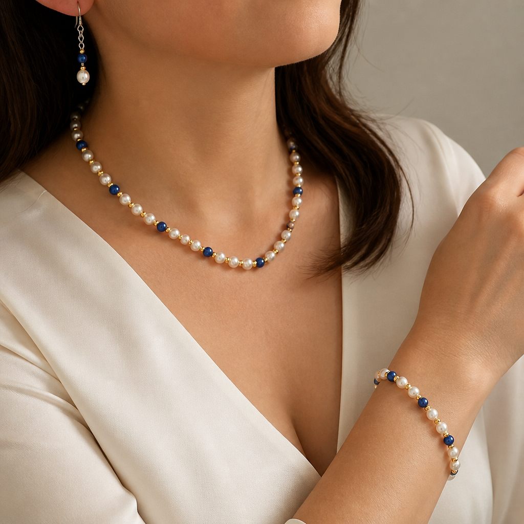 Set collana, bracciale e orecchini Perla e lapis, bianco, blu, oro, foto 1 di 5