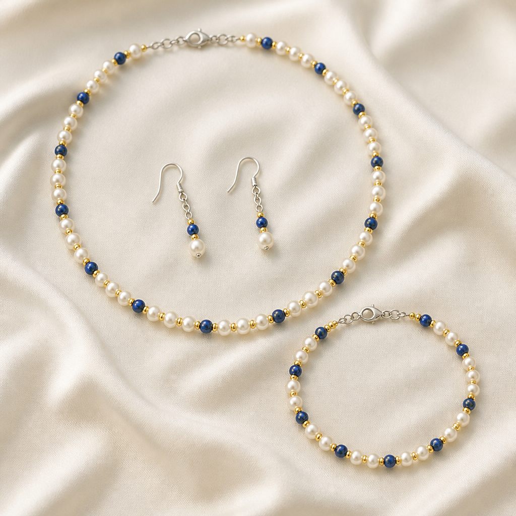 Set collana, bracciale e orecchini Perla e lapis, bianco, blu, oro, foto 2 di 5
