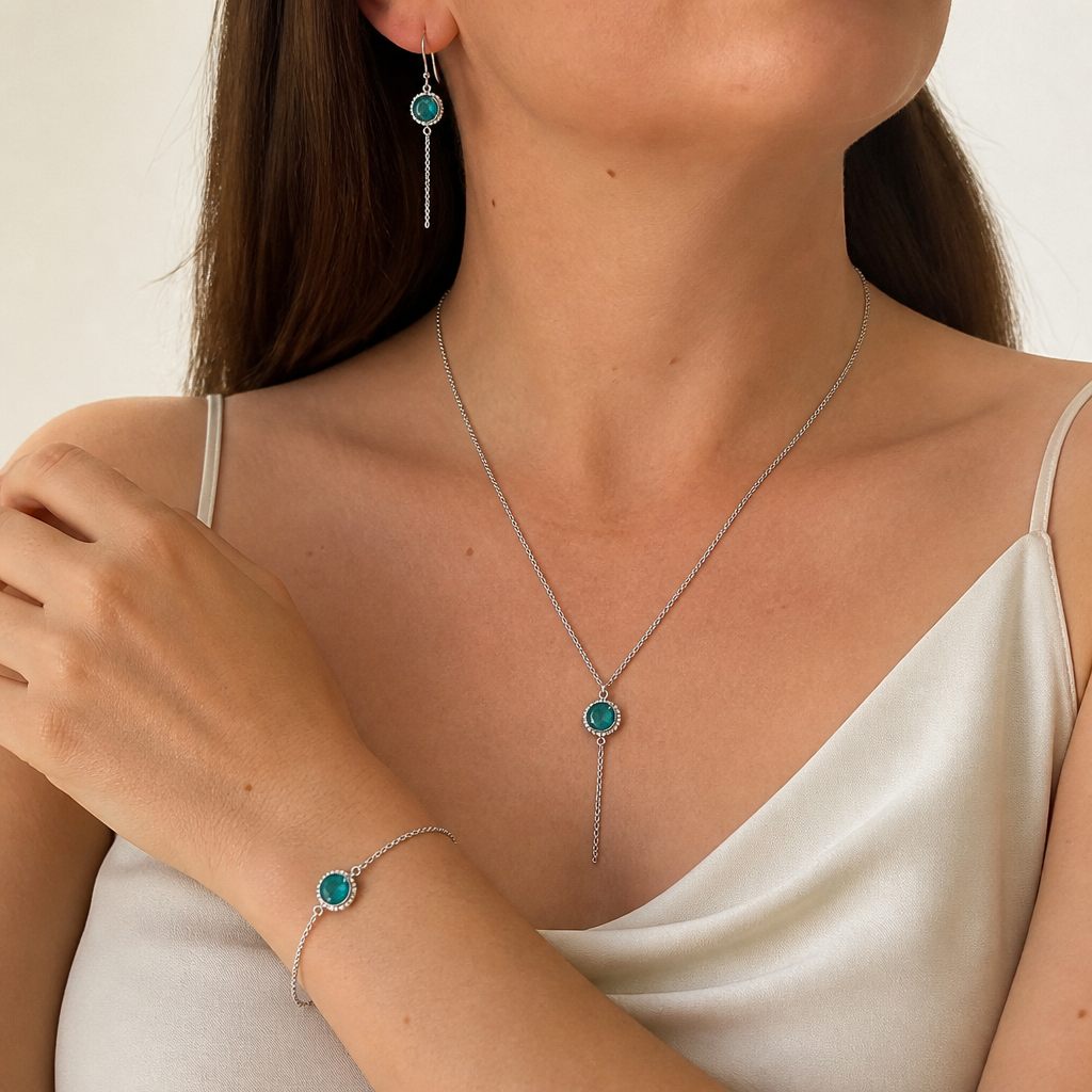 Set collana e orecchini Smeraldo, verde smeraldo, argento, foto 1 di 5