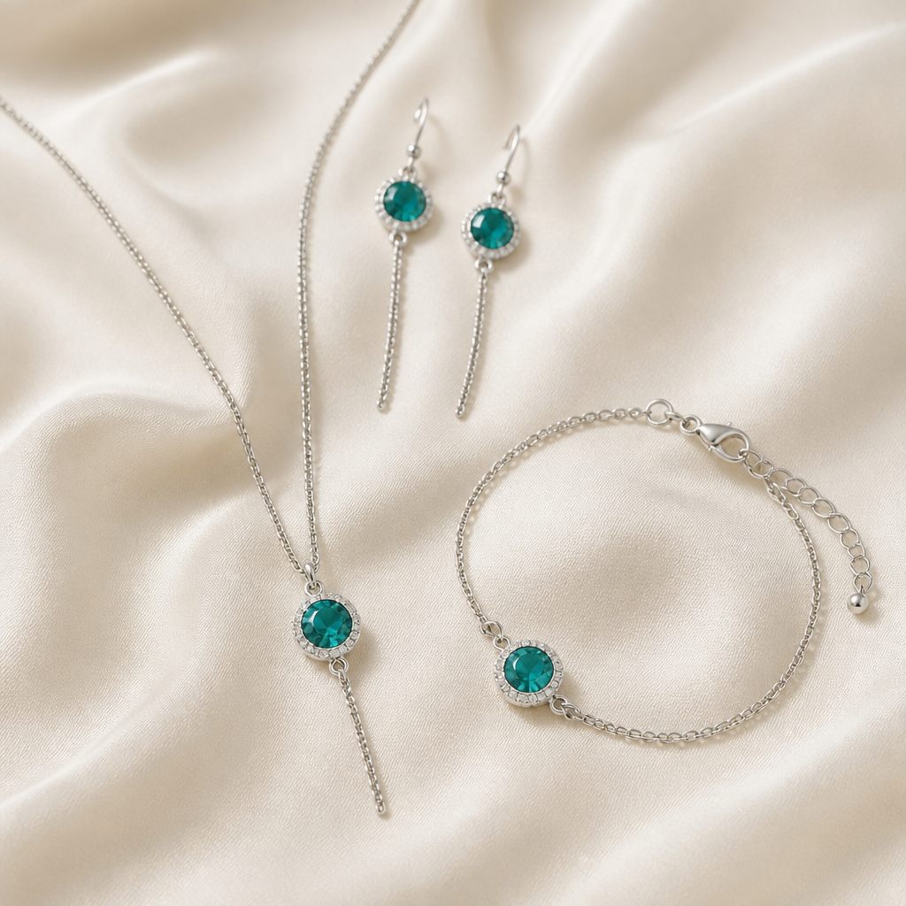 Set collana e orecchini Smeraldo, verde smeraldo, argento, foto 2 di 5