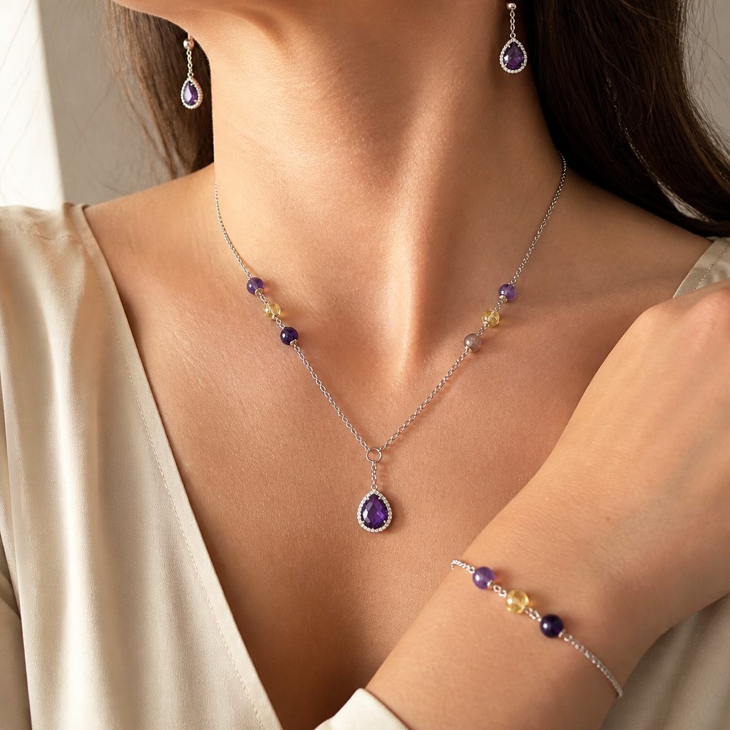 Set collana e orecchini Ametista, viola, giallo, argento, foto 1 di 5