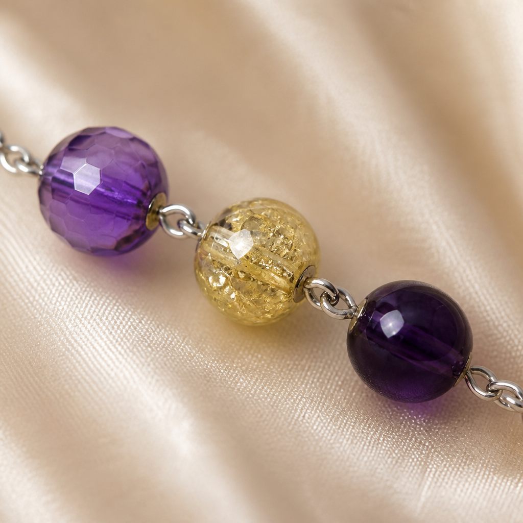 Set collana e orecchini Ametista, viola, giallo, argento, foto 3 di 5