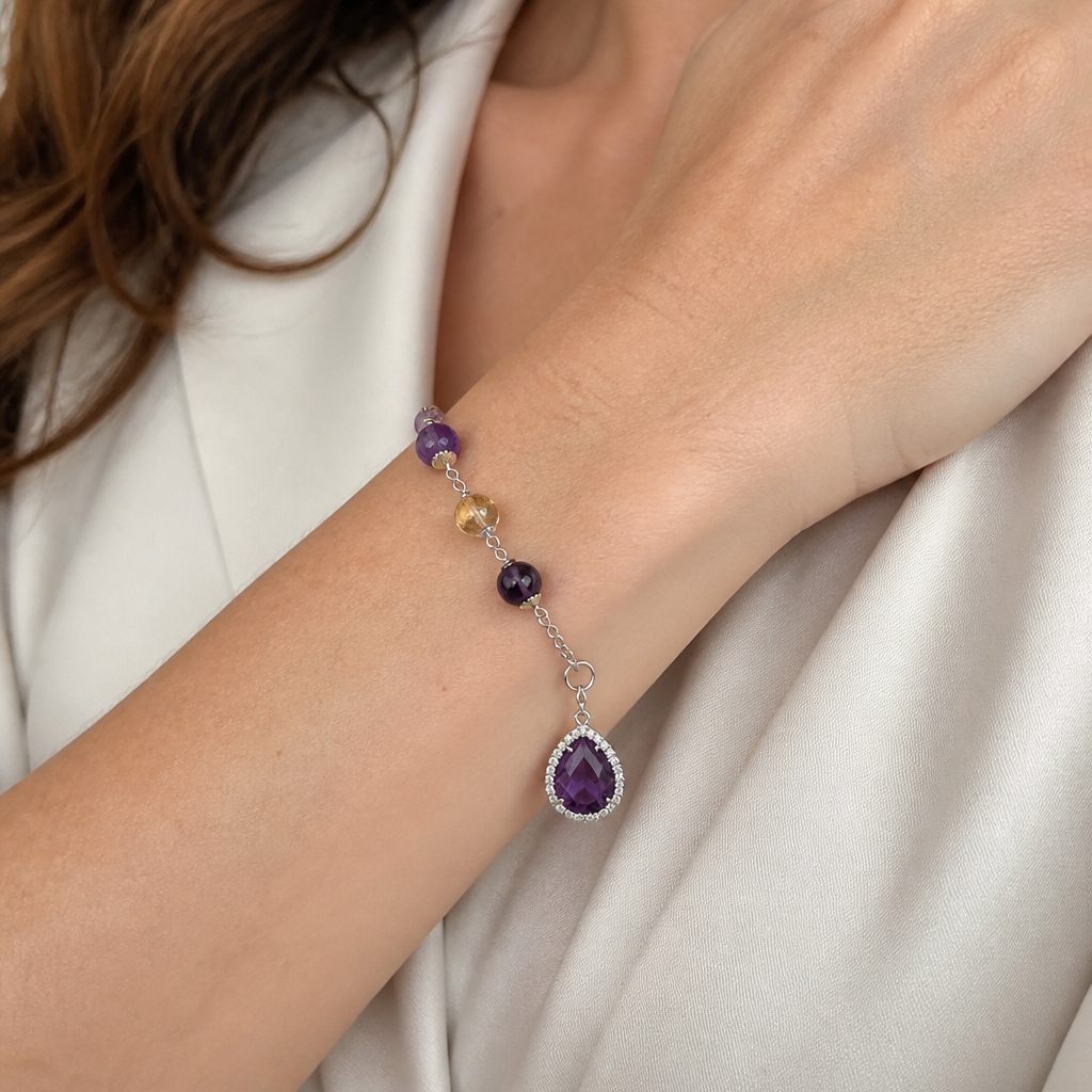 Set collana e orecchini Ametista, viola, giallo, argento, foto 5 di 5