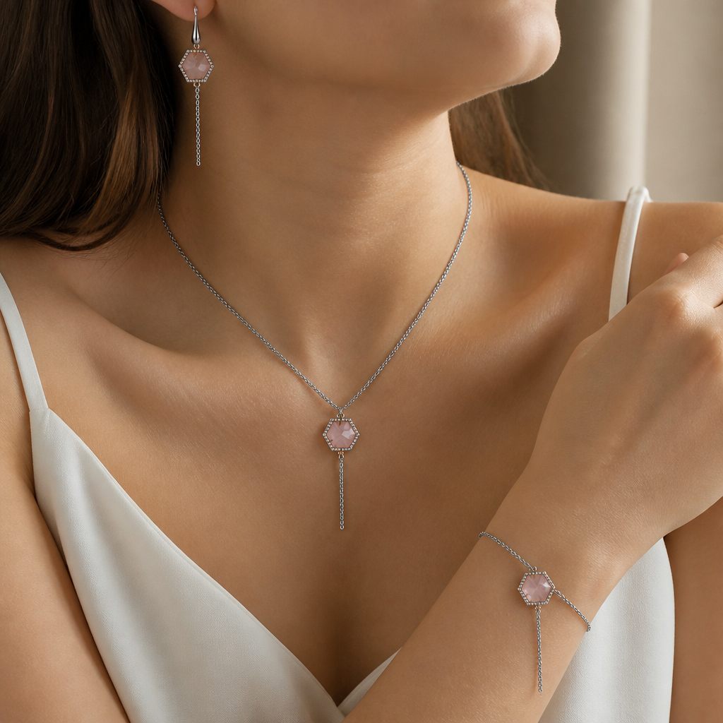 Set collana e orecchini Quarzo rosa, rosa, oro, argento, foto 1 di 5