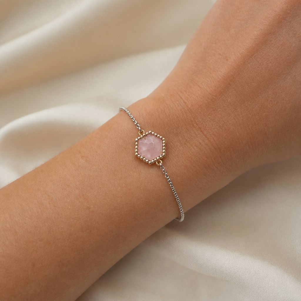 Set collana e orecchini Quarzo rosa, rosa, oro, argento, foto 5 di 5