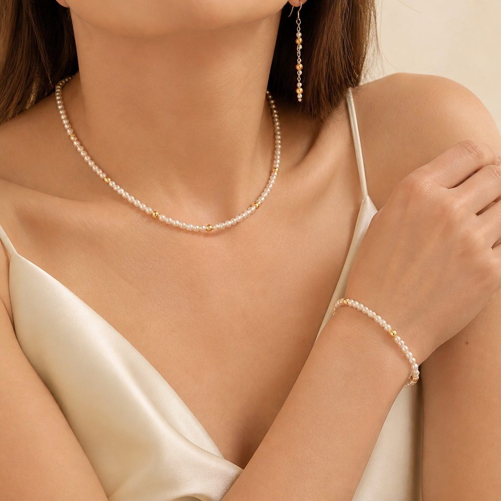 Set collana e orecchini Perla e sole, bianco, oro giallo, foto 1 di 5